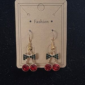 Gold-Tone Cherry Drop Earrings with Red Crystals and Green Bows